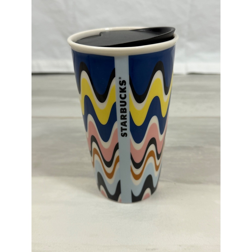 Starbucks Ceramic Travel Tumbler 12oz Wavy Retro Pattern Blue Yellow Pink Mug